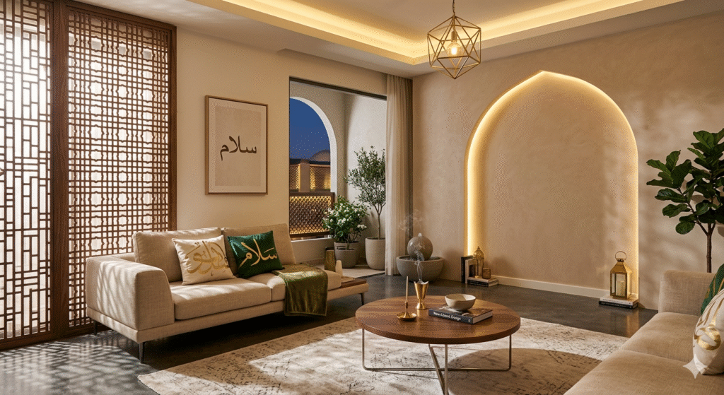 تصميم غرفة معيشة عصرية بطراز النيو إسلاميك تضم أريكة (كنبة) مودرن مريحة بلون بيج محايد مزينة بوسائد ذات نقوش هندسية دقيقة وغطاء باللون الأخضر الزمردي. يظهر خلف الأريكة جدار بيج بملمس رملي يحتوي على تجويف قوسي إسلامي كبير ومضاء بإضاءة ليد مخفية دافئة، وإلى الجانب نافذة خشبية كبيرة بتصميم المشربية يتسلل منها الضوء الخفيف، مع طاولة قهوة دائرية من الخشب والرخام، ووحدة إضاءة هندسية متدلية من السقف، وفانوس أرضي ونبات منزلي لإضفاء الحميمية على الفراغ.