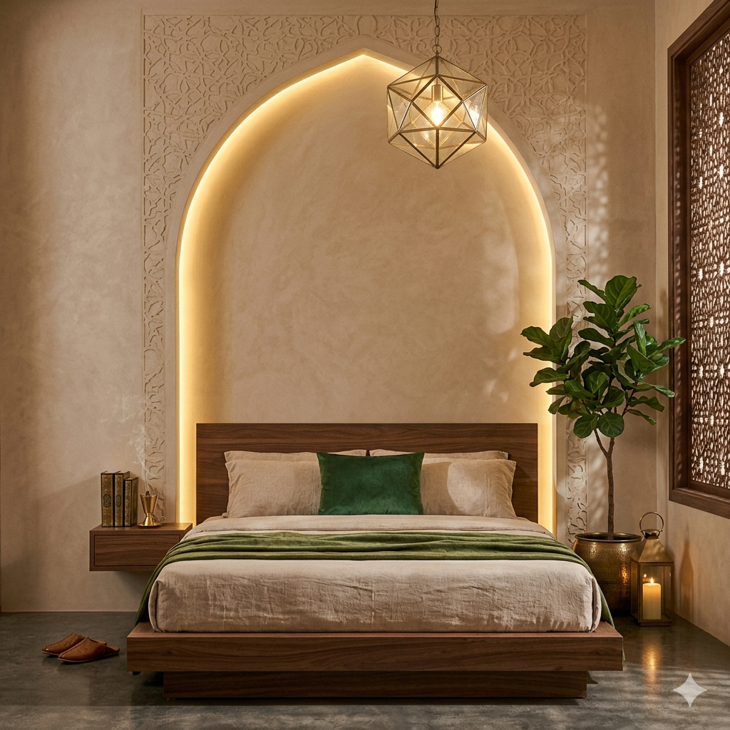 تصميم لغرفة نوم عصرية بطراز النيو إسلاميك تتميز بظهر سرير منخفض مصنوع من الخشب الطبيعي الداكن، يقع داخل تجويف جداري ضخم على شكل قوس إسلامي مدبب ومضاء بنظام ليد مخفي ودافئ. يحيط بالقوس إطار من الزخارف الجبسية المحفورة بنقوش هندسية ناعمة ممتدة على الجدران ذات الملمس الرملي البيج، ويبرز في الفراغ مفرش سرير ووسادة باللون الأخضر الزمردي، مع وحدة إضاءة نحاسية هندسية متدلية، وفانوس أرضي يضيء زاوية الغرفة بجانب نبات منزلي كبير.